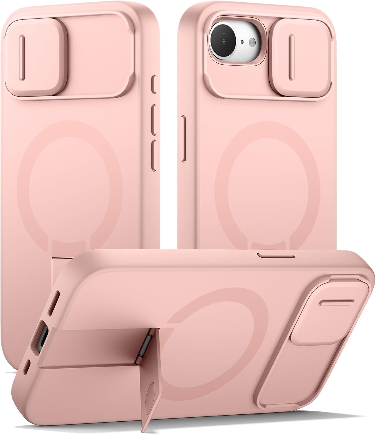 SURITCH for iPhone 16e Case with Magnetic Camera Slide Cover and Adjustable Kickstand, Compatible with MagSafe, Shockproof Bumper Case Slim Protective Cover 6.1 Inch,Pink