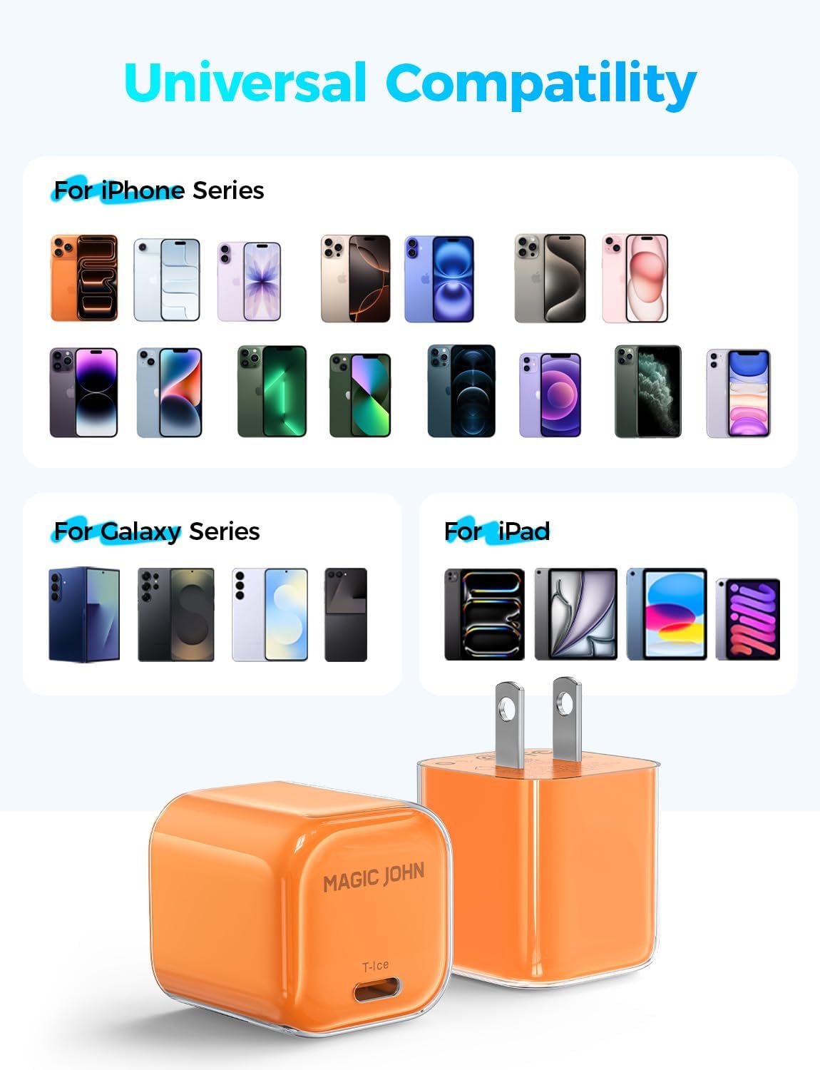MAGIC JOHN 45W USB C Charger Block, Ultra-Fast Charging for iPhone 15/16/17 & More, Compatible with iPhone, iPad, Samsung, and Other USB C Devices Orange