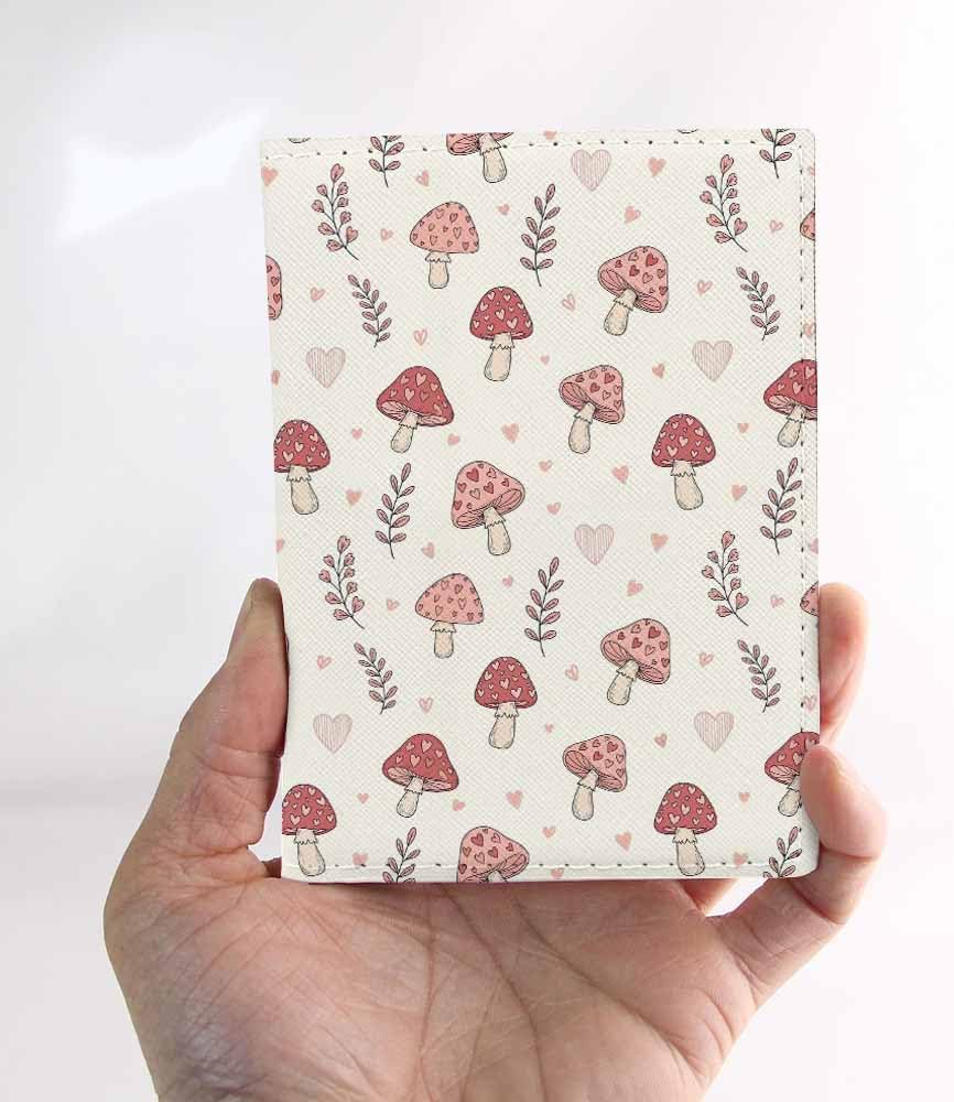 Pink Mushroom Passport Holder for Travel Love Heart Boho Floral Valentine's Day PU Leather Passport Cover Wallet Cute Passport Card Holder for Women and Men