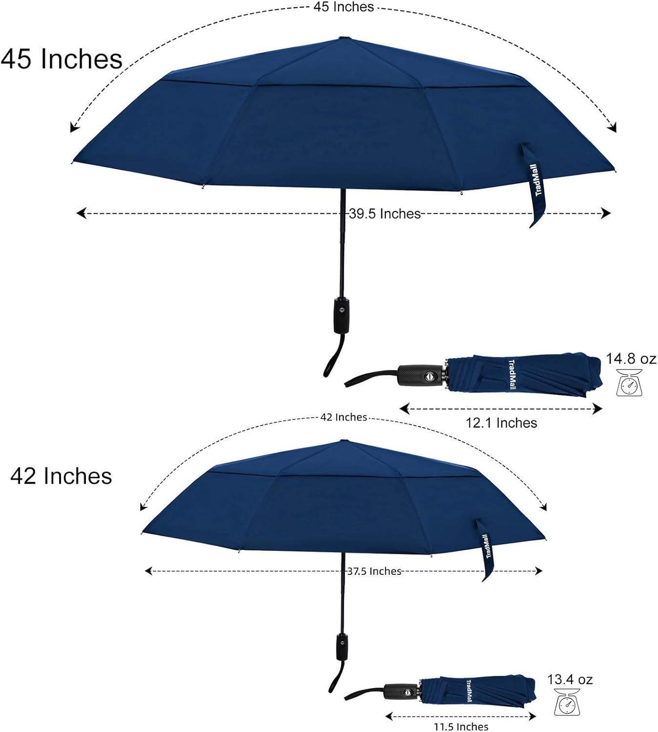 TradMall Travel Umbrella, 42/45 Inches Double Vented Canopy Windproof Automatic Strong Compact Folding Umbrellas for Rain Women and Men