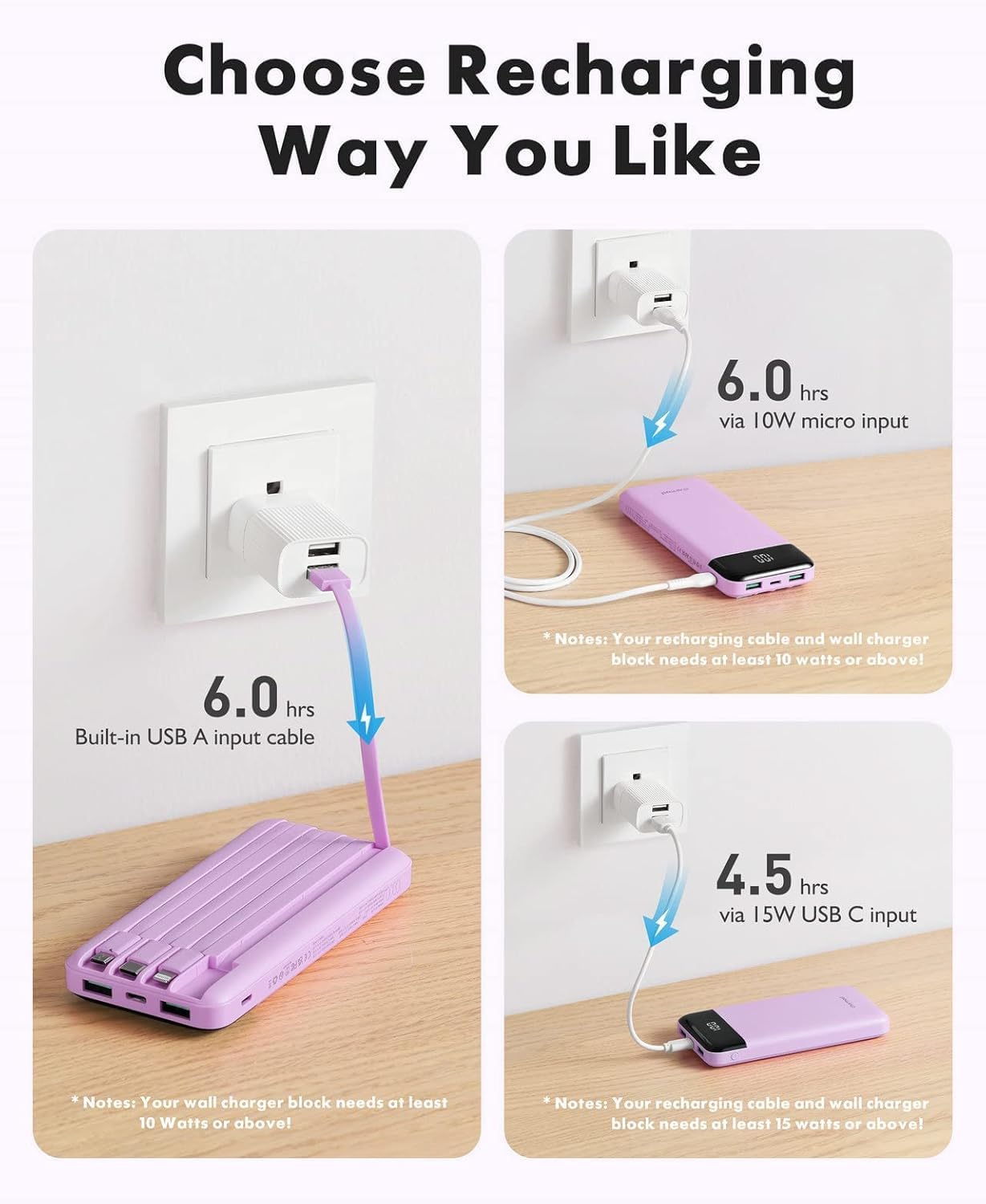 charmast Portable Charger with Built in Cables, Power Bank with Cords Wires, Slim 10000mAh Travel Battery Pack 6 Outputs 3 Inputs 6A Fast Charging for Samsung Google Pixel LG Moto iPhone iPad