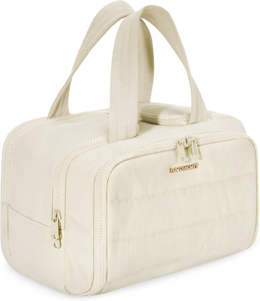 BAGSMART Travel Toiletry Bag, Lightweight Large Wide-open Travel Bag for Women, Puffy Cosmetic Makeup Bag Organizer with Handle for Accessories,Essentials, Toiletries, Beige