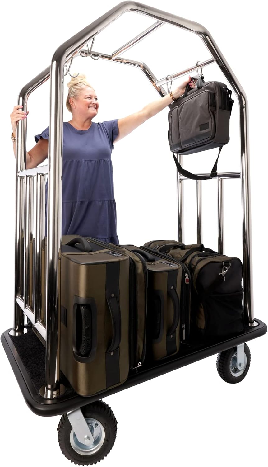 Grand Lux Stainless Steel Luggage Cart – Hotel Bellman Cart – 2" Welded Steel Frame Valet w/Plush Carpeted Deck, 8" Wheels – Ideal for Hotel Resorts, Large Events - 1000 LB