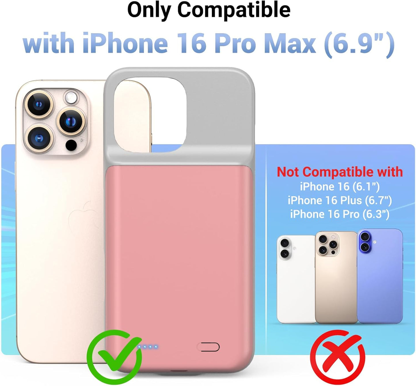Battery Case for iPhone 16 Pro Max, Ultra-Slim 7000mAh Portable Extended Charging Charger Case [2025 Upgraded] w/Tempered Glass Film for iPhone 16 Pro Max-6.9 inch,Pink