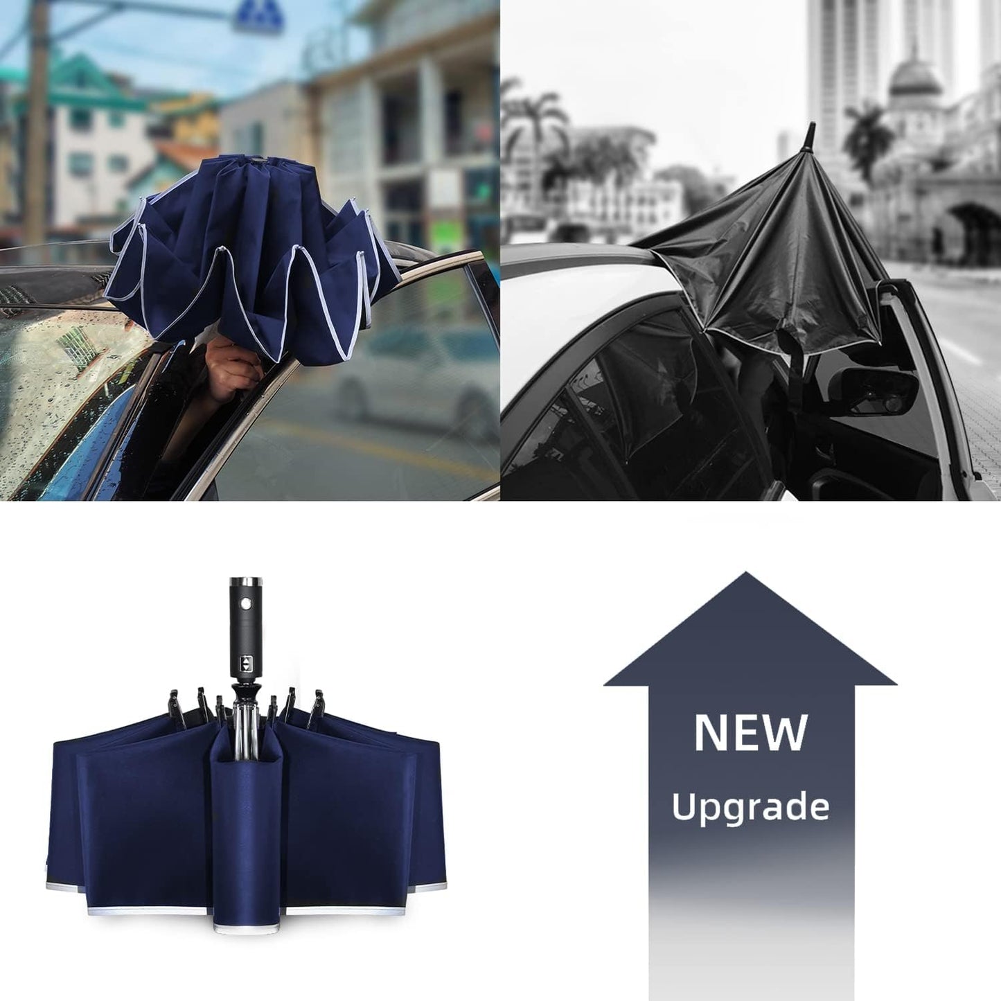 Lejorain Compact Inverted Reflective Umbrella - Automatic Folding Reverse LED Umbrella Travel Windproof Umbrellas for Rain