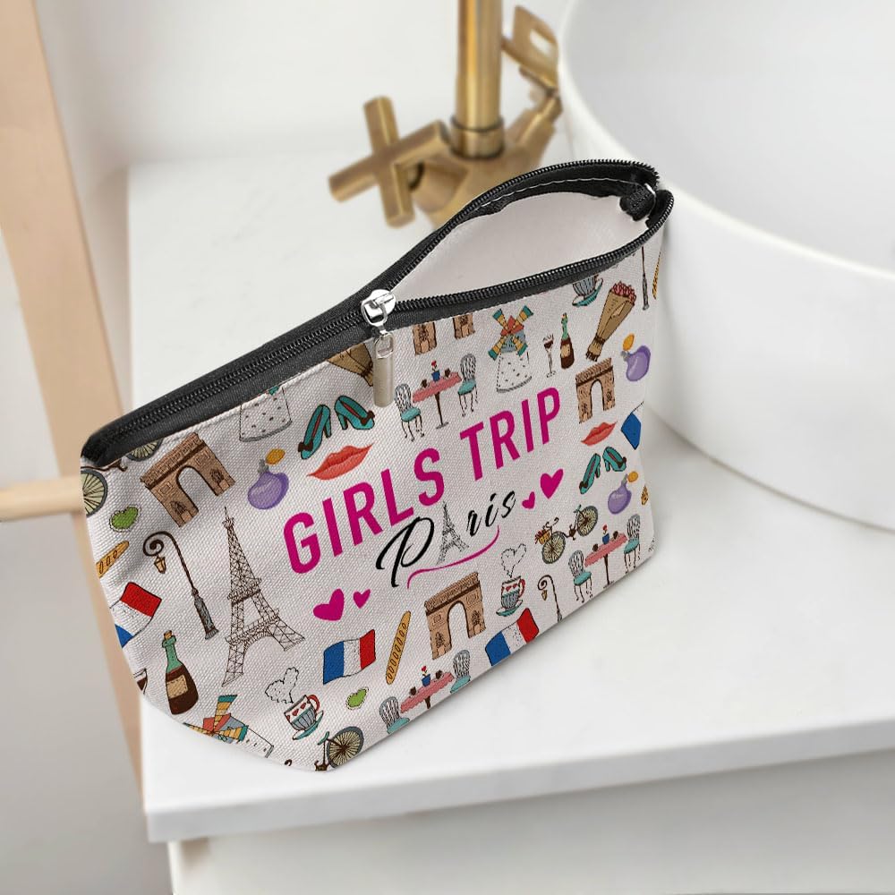 France Paris Girls Trip Makeup Bag, Paris Souvenir Lovers Gift Travel Vacation Cosmetic Bag for Women Bestie Sister Mom Girls Weekend Birthday Weekend Bachelorette Party Friendship