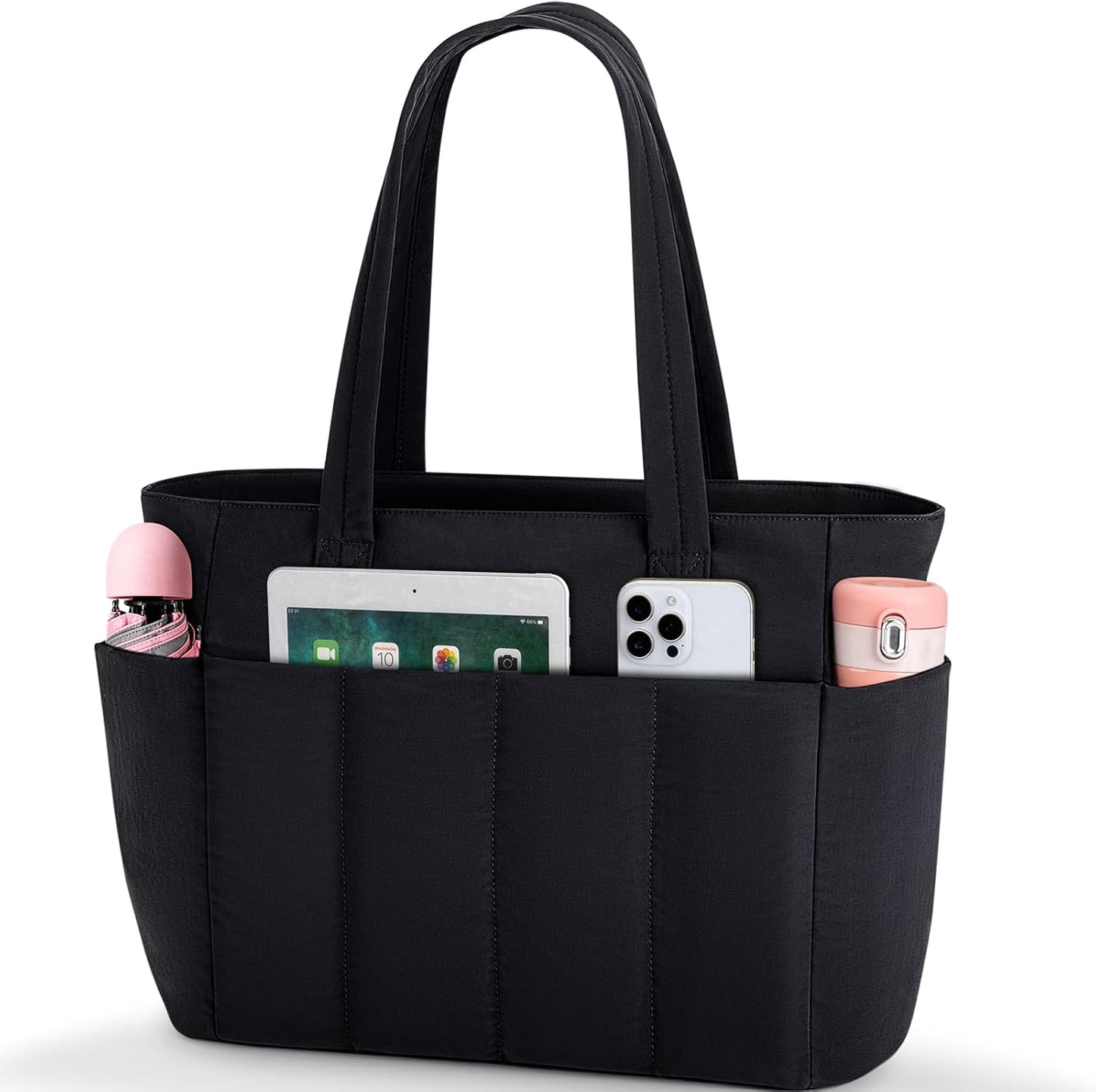 Tote Bag for Women, 15.6 Inch Waterproof Lightweight Puffer Computer Travel Work Tote Bag with Strap Teacher Nurse Laptop Briefcase Shoulder Bag, Black