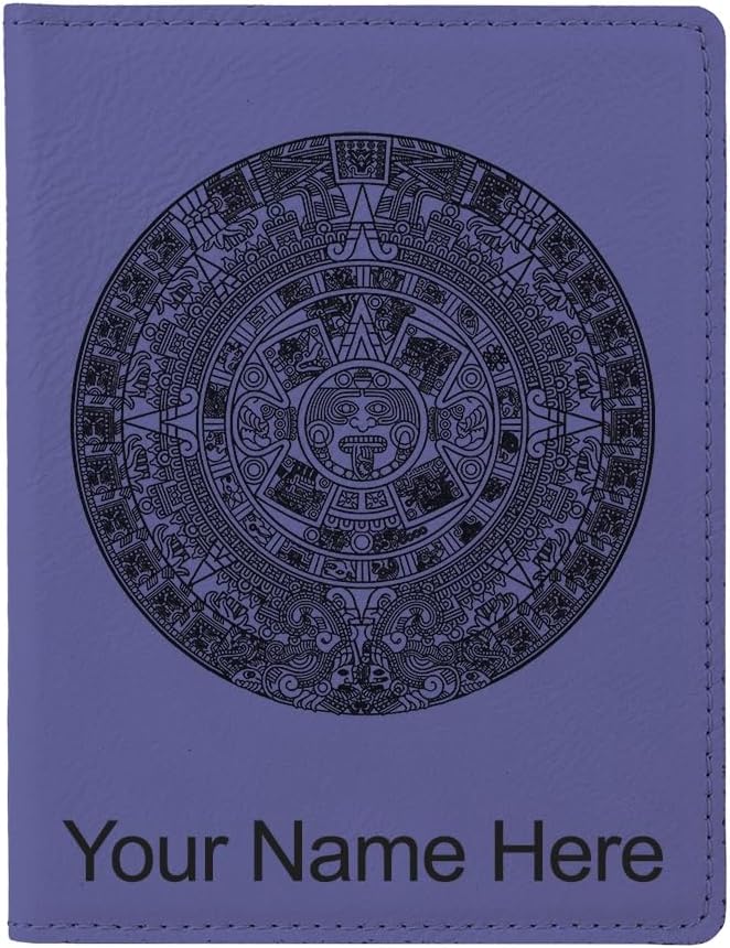 LaserGram Faux Leather Passport Holder, Aztec Calendar, Personalized Engraving Included (Dark Purple)