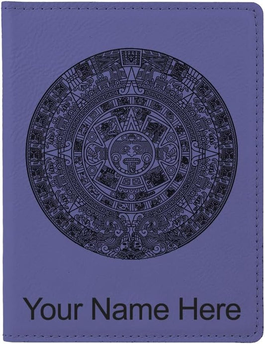 LaserGram Faux Leather Passport Holder, Aztec Calendar, Personalized Engraving Included (Dark Purple)