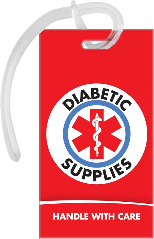 Diabetic Supplies ID Identification Luggage Tag | RED | Medical Alert | Insulin Medical Equipment | Handle with Care | Bag Tag | Luggage Gift