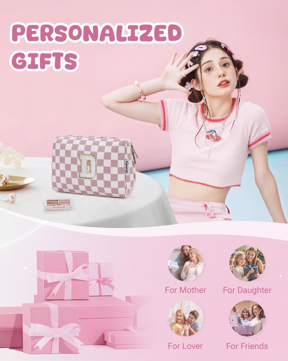 Narwey Birthday Gifts for Teen Girls Kids Women Personalized Initial Checkered Makeup Bag Pink Monogram Cosmetic Bag Trendy Stuff 6 8 10 11 12 13 14 16 18 Years Old Travel Toiletry Bag (Dusty Rose D)