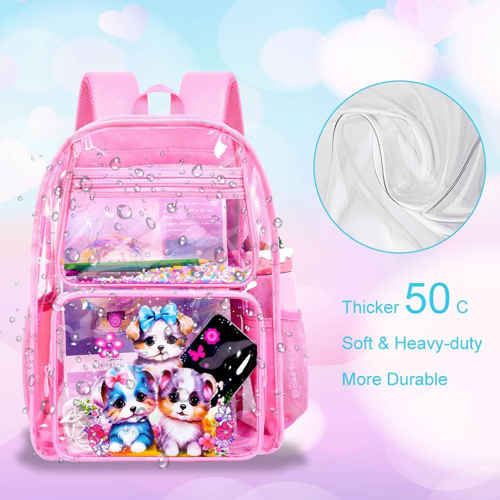 Clear Backpack for Girls and Boys, Kids Transparent Bookbag, 3PCS Cute See Through School Bag for Elementary Prechool