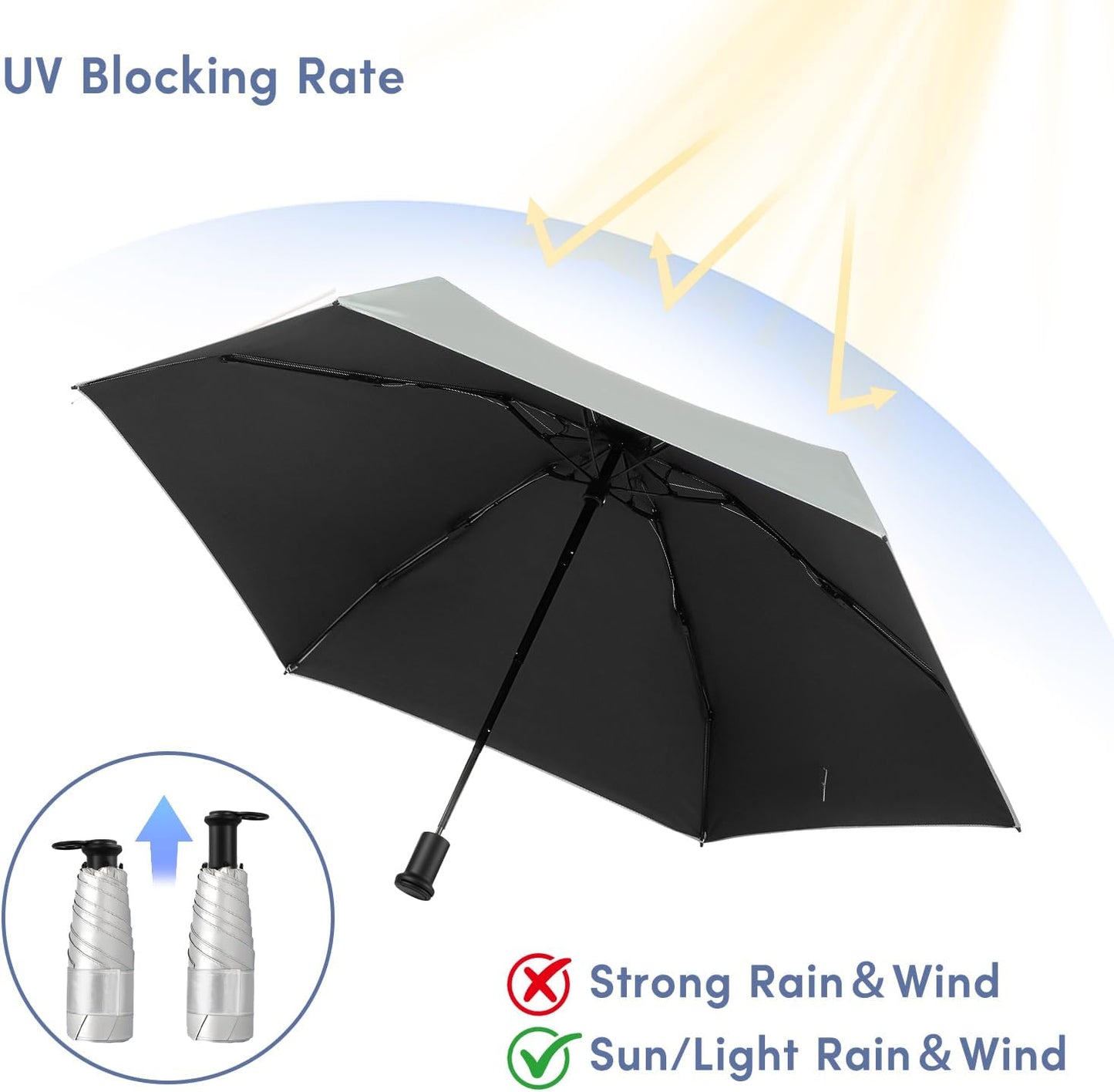 LEAGERA UPF 50+ Mini Umbrella for Travel - Compact Folding Sun Umbrella for Walking Summer Lightweight Purse Small Umbrellas for Women Girls