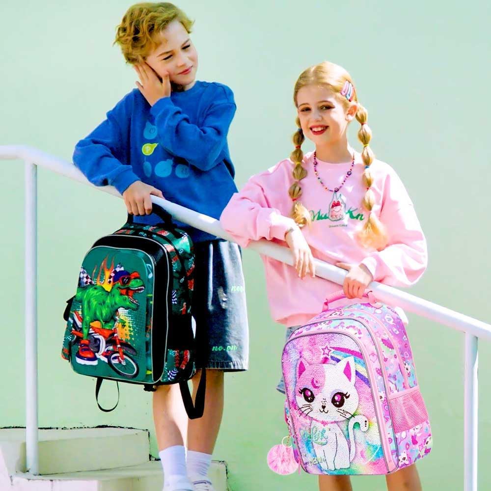 KLFVB 3PCS Cat Uni Dinosaur Backpack for Girls and Boys, 16" Kids Bookbag and Lunch Box, Preschool