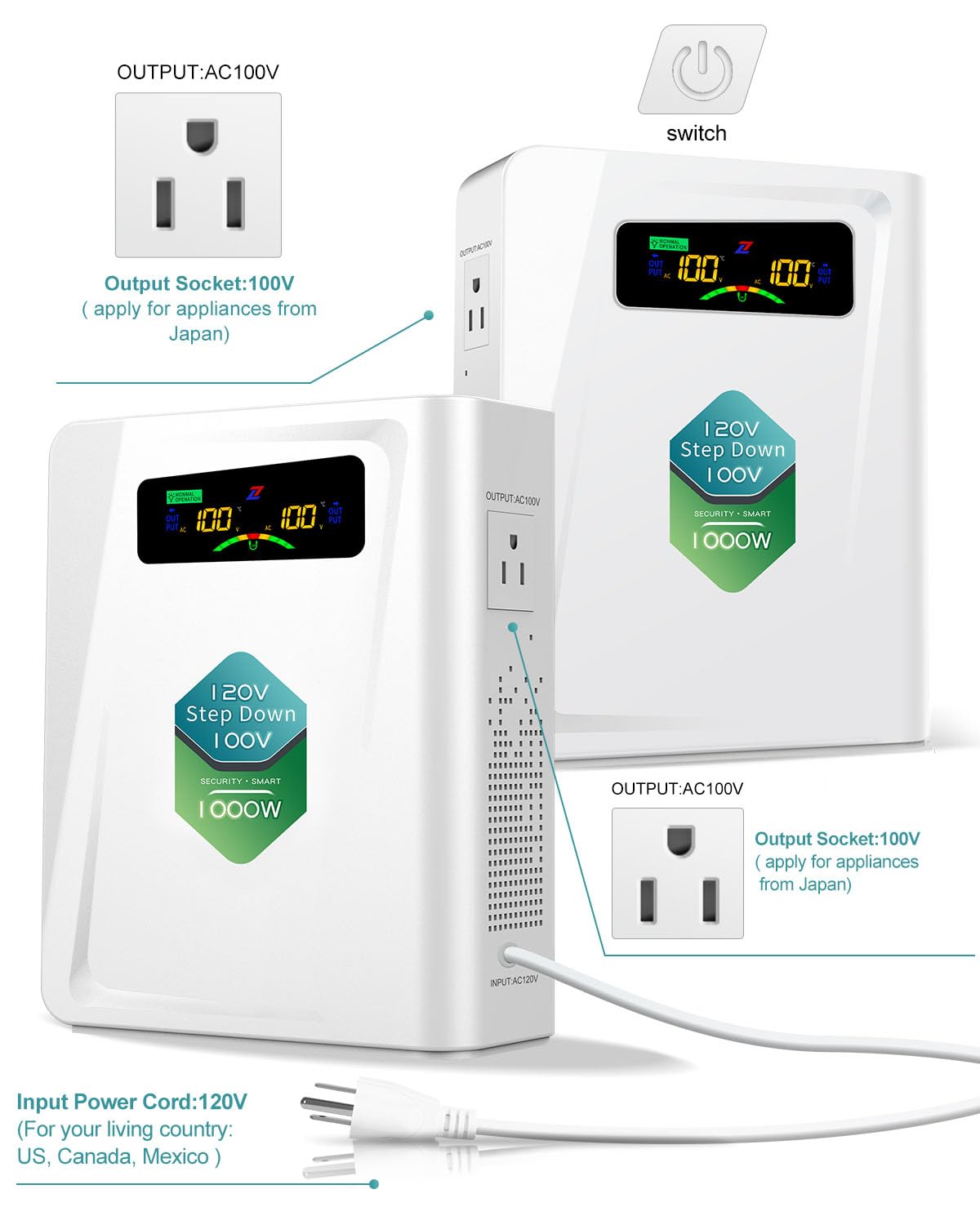 ZHENGXI 120v to 100v Step Down Transformer 1000W Power Voltage Converters, No Noise, Ten Protection Functions,Using Japan Appliances in US