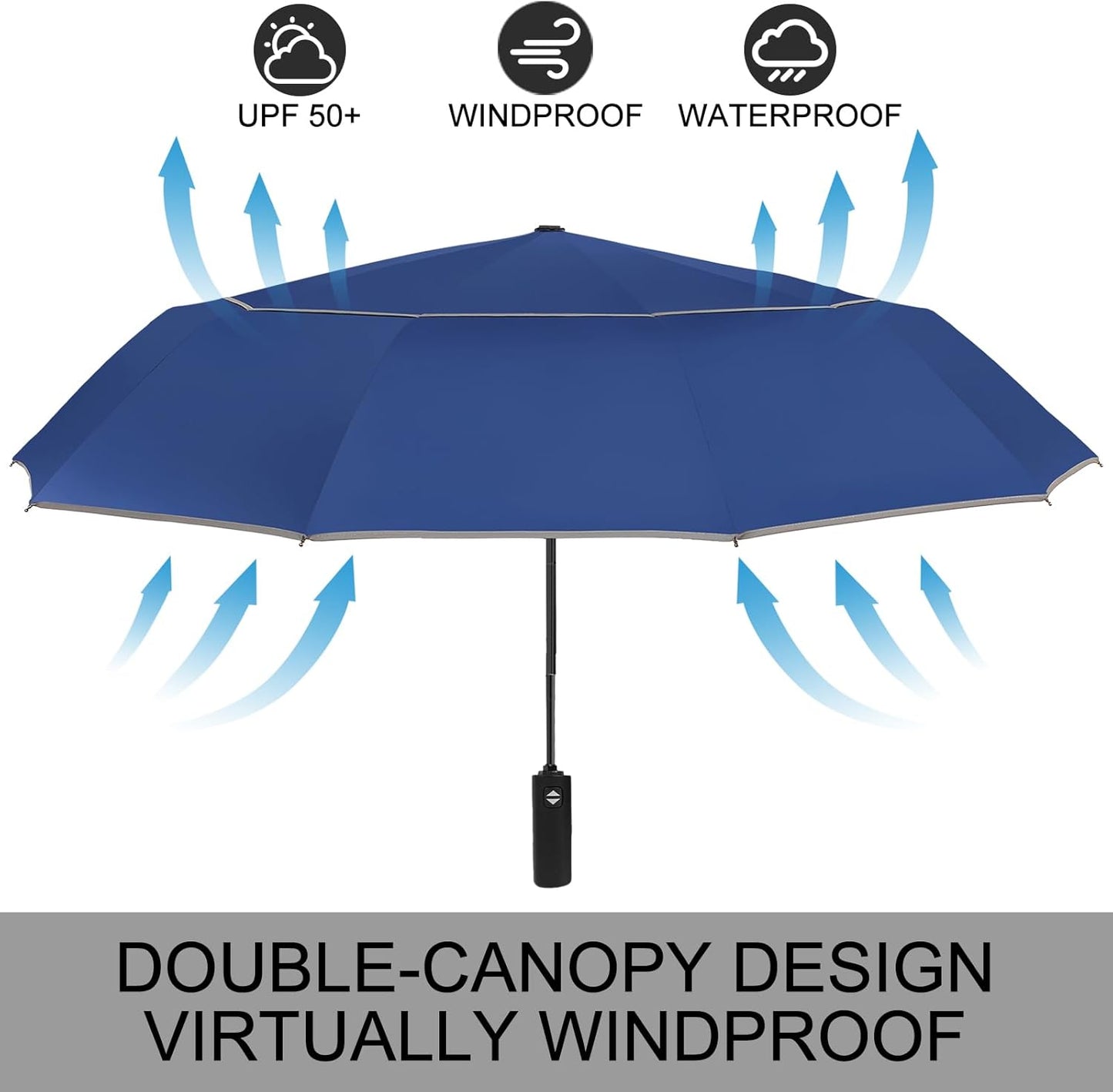 Satol Extra Large Golf Umbrella, 46/54/62 Inch Windproof 10 Ribs Vented Double Canopy Reflective Strips Automatic Open/Close Waterproof UV Protection Portable Compact Umbrella for Outdoor & Travel