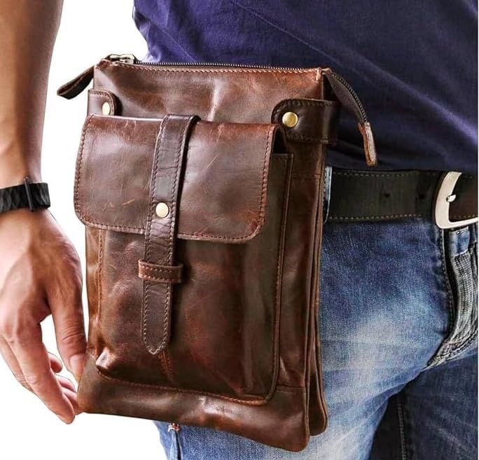 Men's Genuine Leather Small Messenger Shoulder Satchel - Adjustable Waist Bag