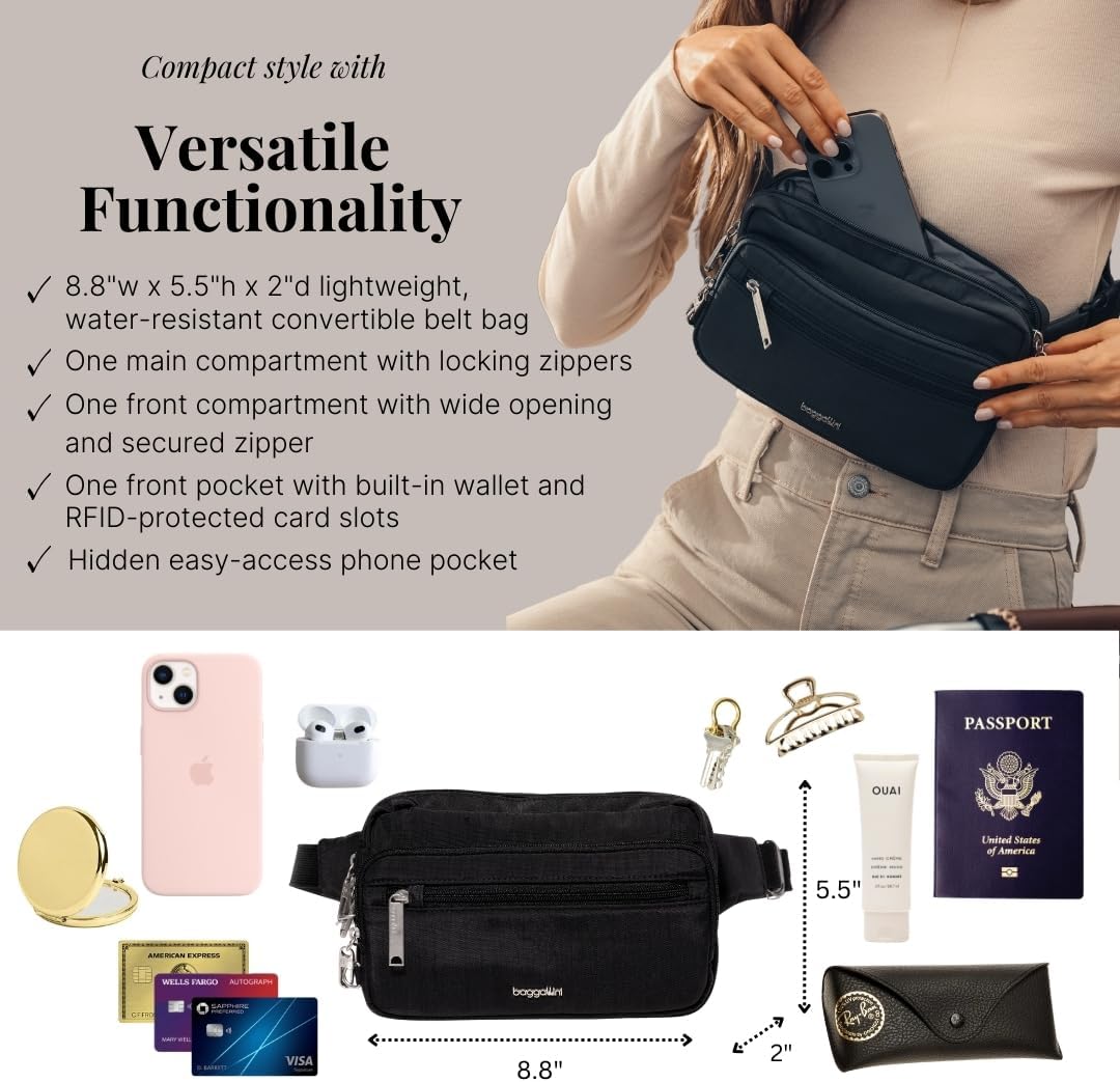 Baggallini Securtex Anti-Theft Belt Fanny Pack for Women RFID Wallet Locking Zipper-Travel Bag Crossbody Purse
