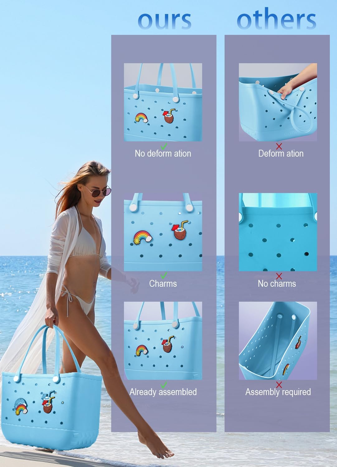 Beach Bag Rubber Tote Bag - Waterproof Travel Bag for Women Washable Tote Bag Handbag for Sports Beach Market Pool