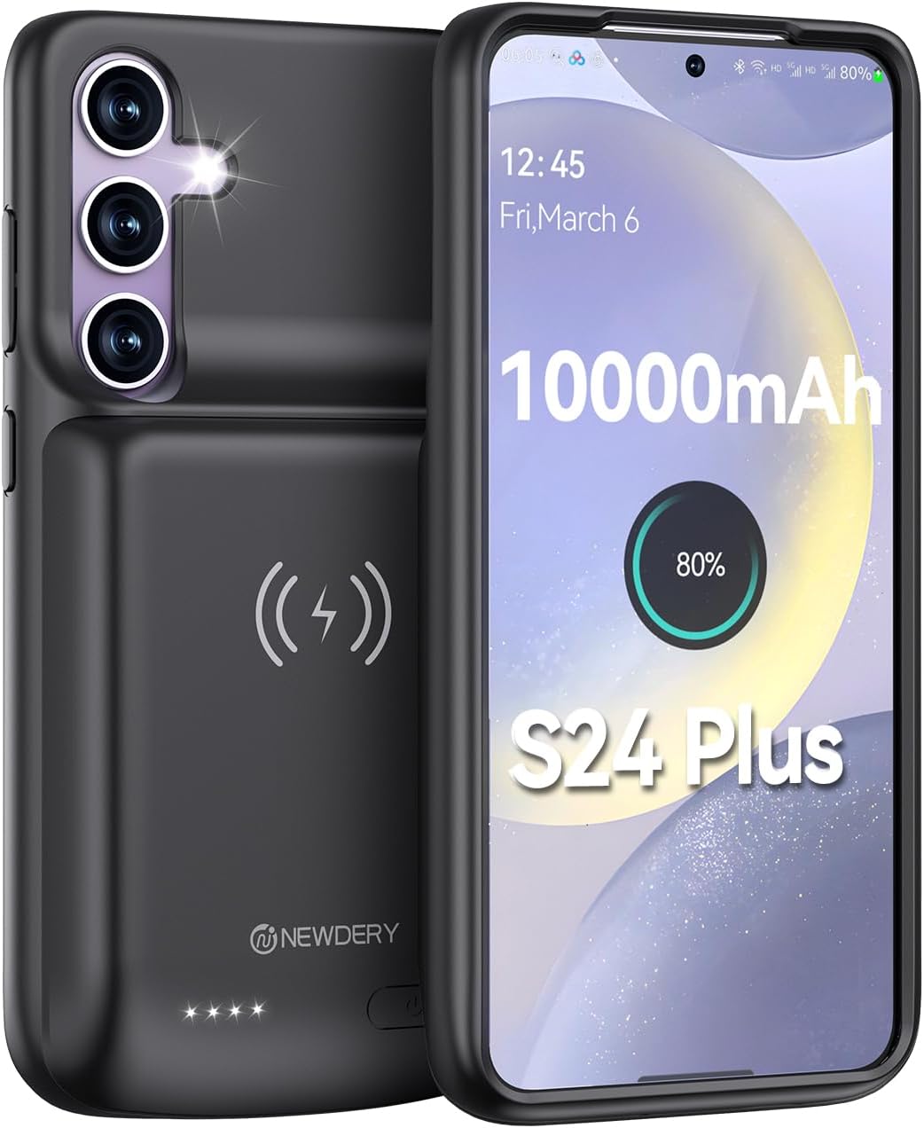NEWDERY Battery Case for Samsung S24 Plus, 10000mAh Qi Wireless Charging, 18W Input Fast Charging, Sync Data Supported, Portable Rechargeable Charger Case Battery Pack for Galaxy S24 Plus 5G 6.7"