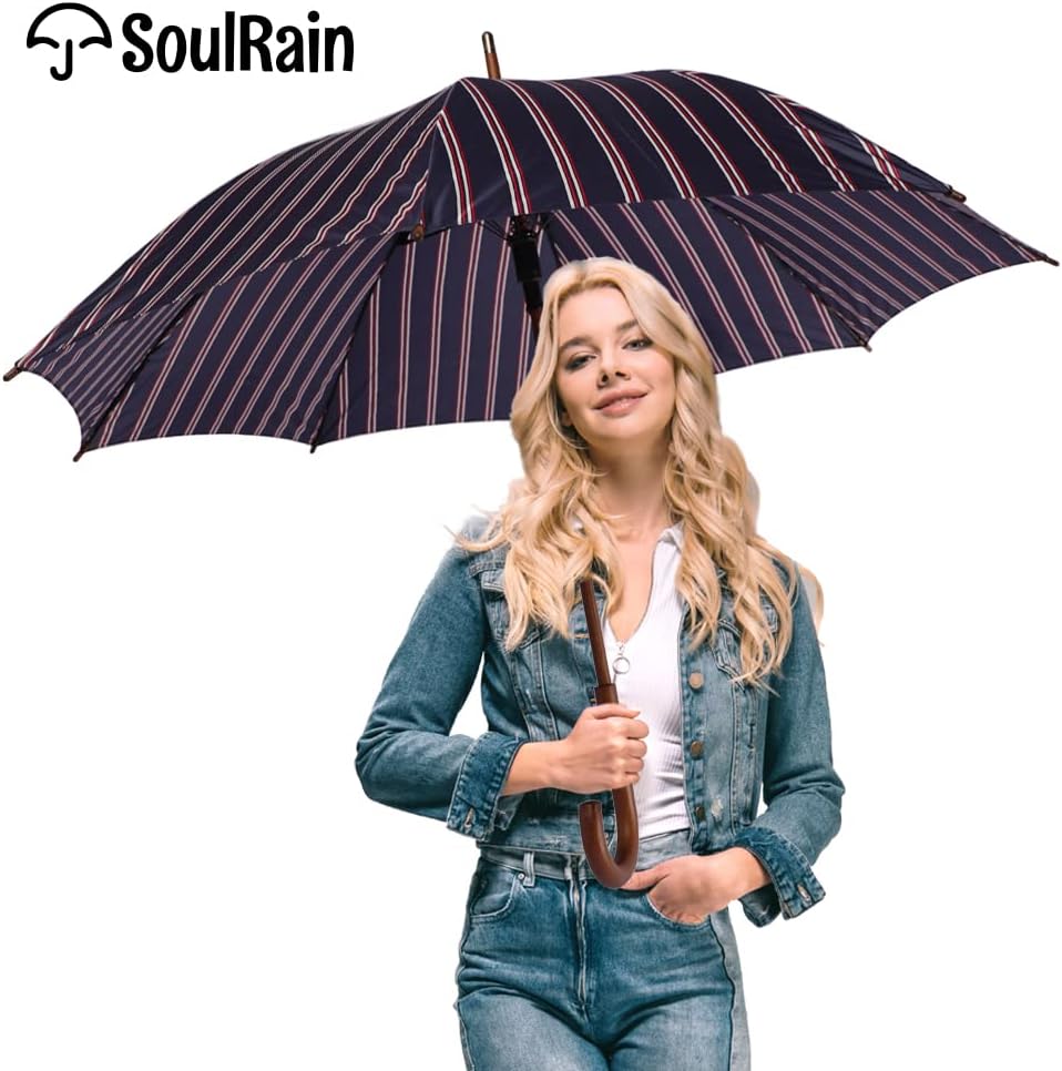 SoulRain 48" Arc Classic Wood Handle Umbrella Auto Open Windproof clear Unbreakable Stick Rain Umbrella (Elegant Stripes)