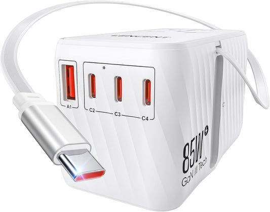LENCENT 85W Universal Travel Adapter with Retractable USB C Cable, GaN International Plug Adapter with 3 Type C &1 USB A Ports Fast Charging, Worldwide Outlet Converter for US to European EU UK AUS
