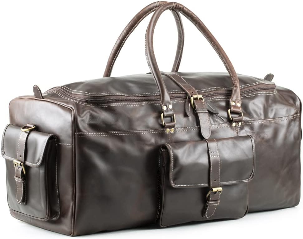 Buffalo Leather Duffle Bag for Men 24 Inches | Top Grain Leather Travel Bag | Large Overnight Weekender Holdall Bag | Vintage Classic Style Sports Gym Bag | Carry On Luggage Bag Best for Gift by Hulsh