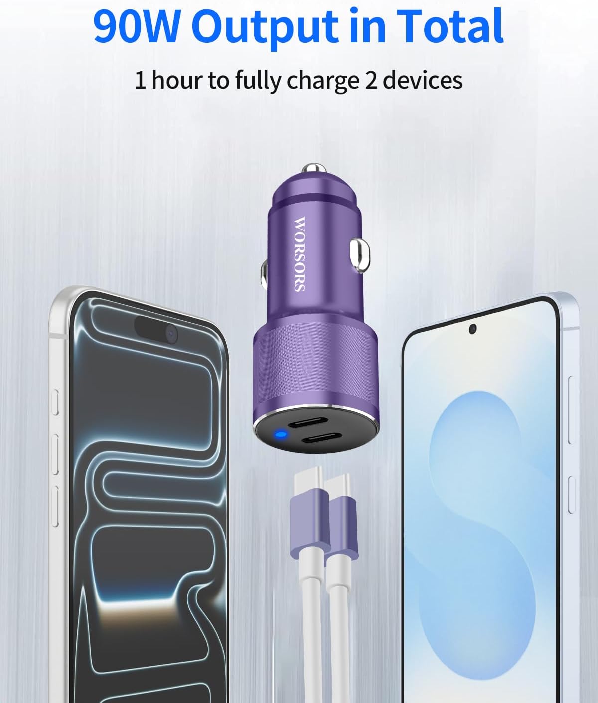 Dual 45W USB C Car Charger, 90W Max Super Fast Charging, All Metal 12V Cigarette Lighter Adapter for iPhone 17 Pro Max/16/15/iPad, Samsung Galaxy S25/S24, Google Phones with 2 Type C Cord 3.3ft Purple