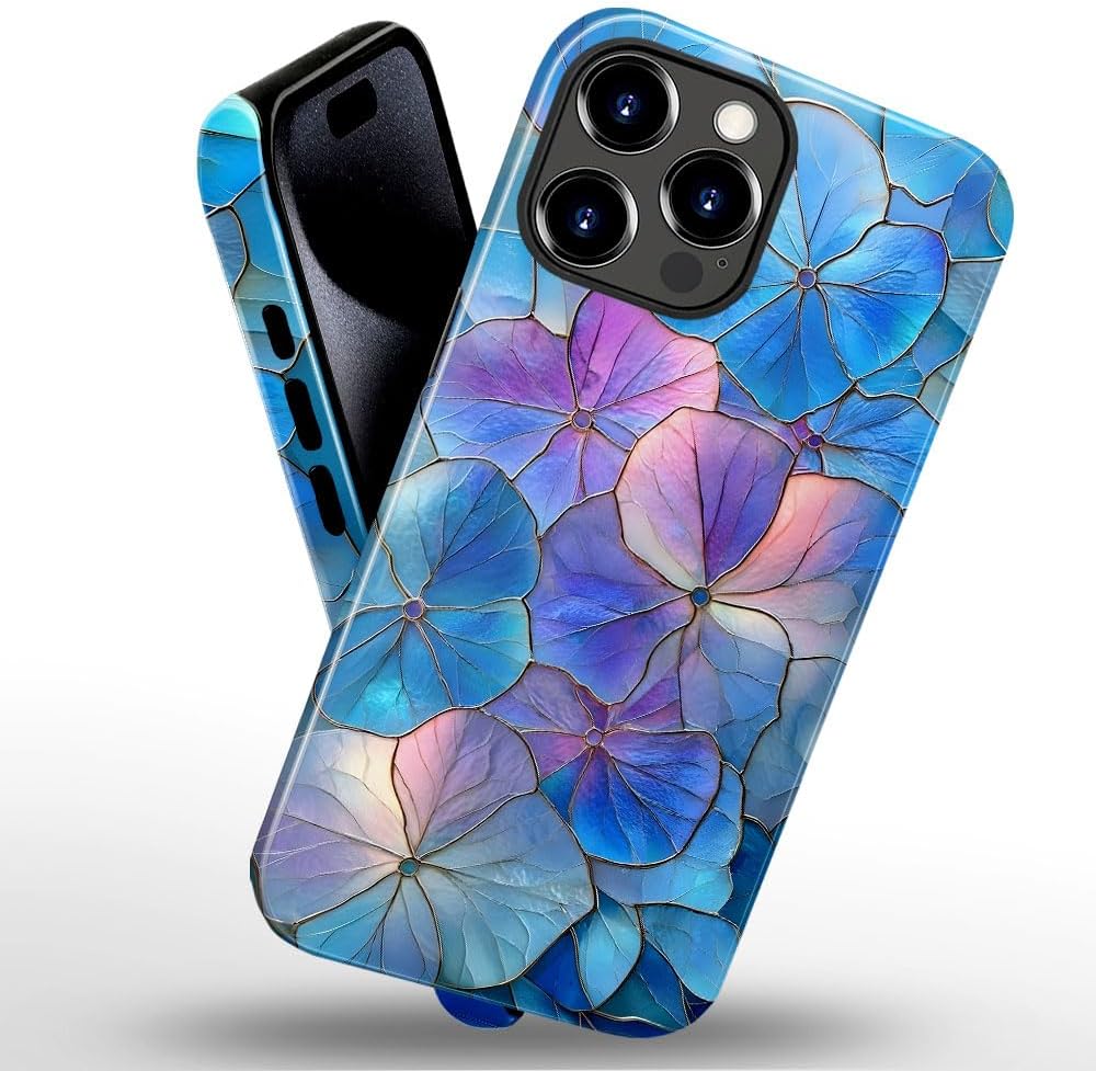 Case for iPhone 14 Pro Max - Slim Fit Anti-Scratch Phone Case for Girl Women - Blue Hydrangea Floral Stained Glass Aesthetic (Glossy)