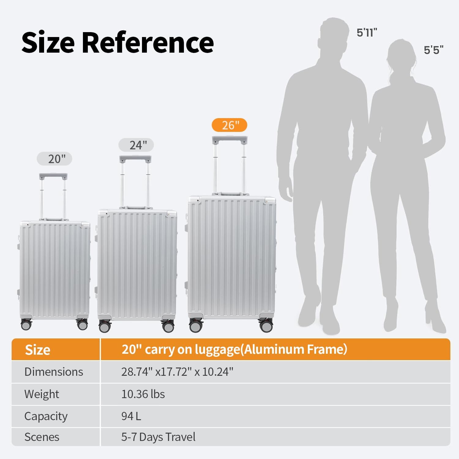 26 Inch Checked Luggage with Spinner Wheels, No Zipper Aluminum Frame Hard Shell Suitcases with TSA