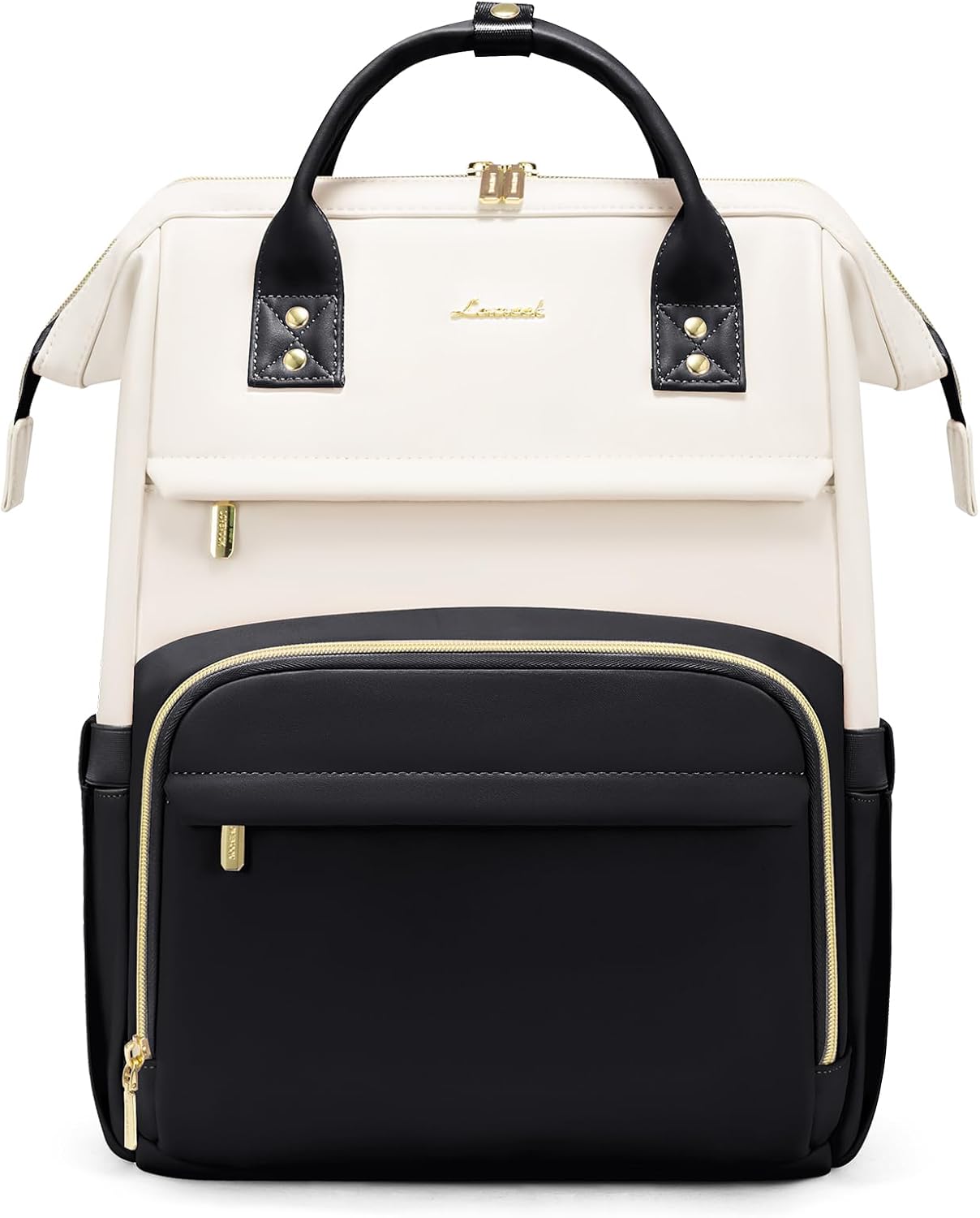 LOVEVOOK Leather Backpacks for Women,15.6 inch Leather Laptop Backpack Women,Professional Work Backpack Nurse College Teacher Bag,Womens Laptop Bag Computer Travel Backpacks Purse,Beige White-Black