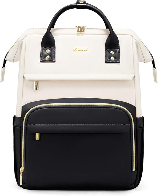 LOVEVOOK Leather Backpacks for Women,17 inch Leather Laptop Backpack Women,Professional Work Backpack Nurse College Teacher Bag,Womens Laptop Bag Computer Travel Backpacks Purse,Beige White-Black