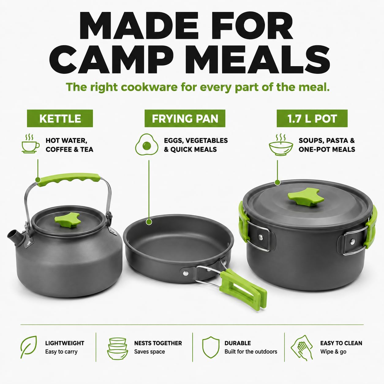 MalloMe Camping Cookware 17 pcs Mess Kit with 1.1L Kettle for Backpacking Gear – Camping Cooking