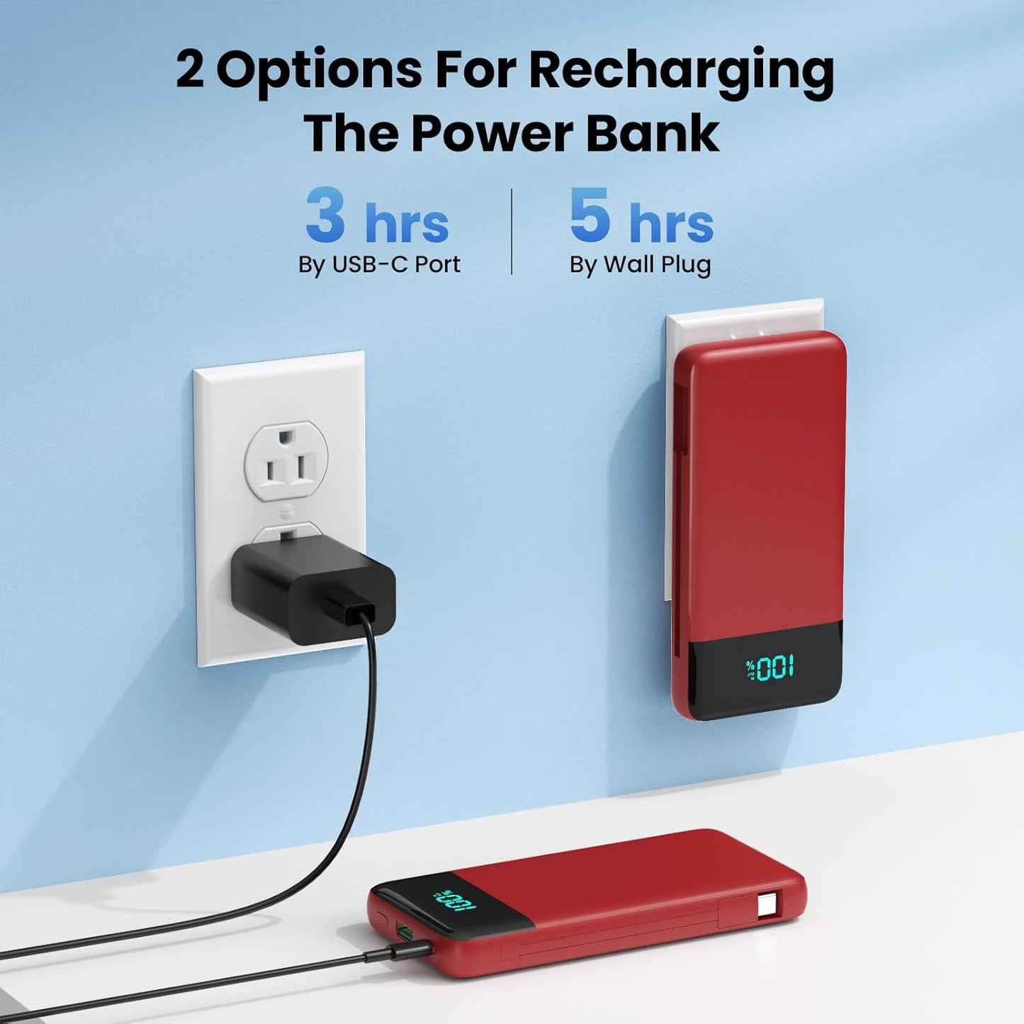 YHO Portable Charger 13800mAh for iPhone with Built-in Cables & AC Wall Plug,5-in-1 USB-C Power Bank,LCD Display External Battery Pack Phone Charger Compatible with iPhone 16/15/14,Android (Red)