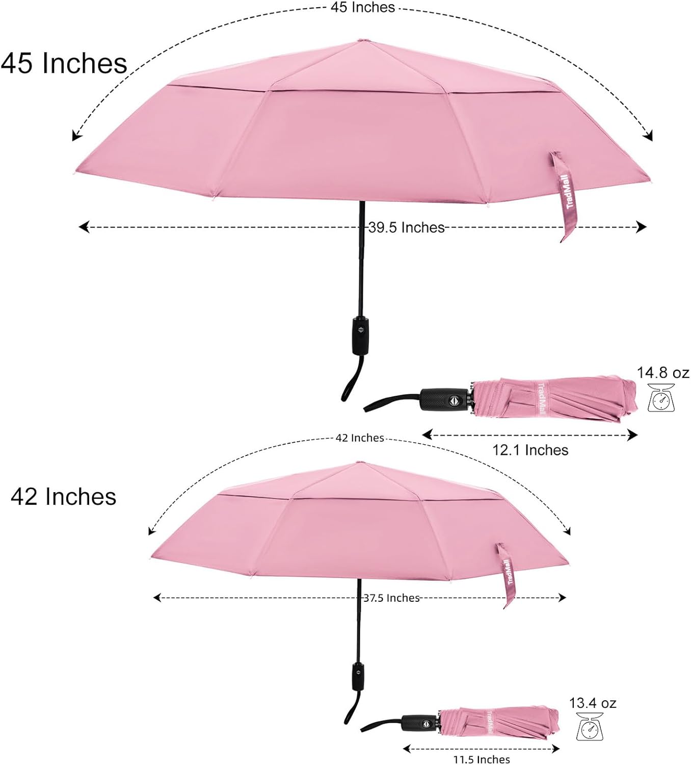 TradMall Travel Umbrella, 42/45 Inches Double Vented Canopy Windproof Automatic Strong Compact Folding Umbrellas for Rain Women and Men