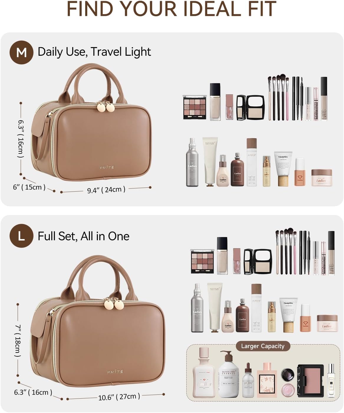 Prite Makeup Bag for Women, Large Capacity Waterproof Travel Cosmetic Organizer, Portable Open Flat Toiletry Bag with Free-standing Brush Holder and Handle(Brown Large)