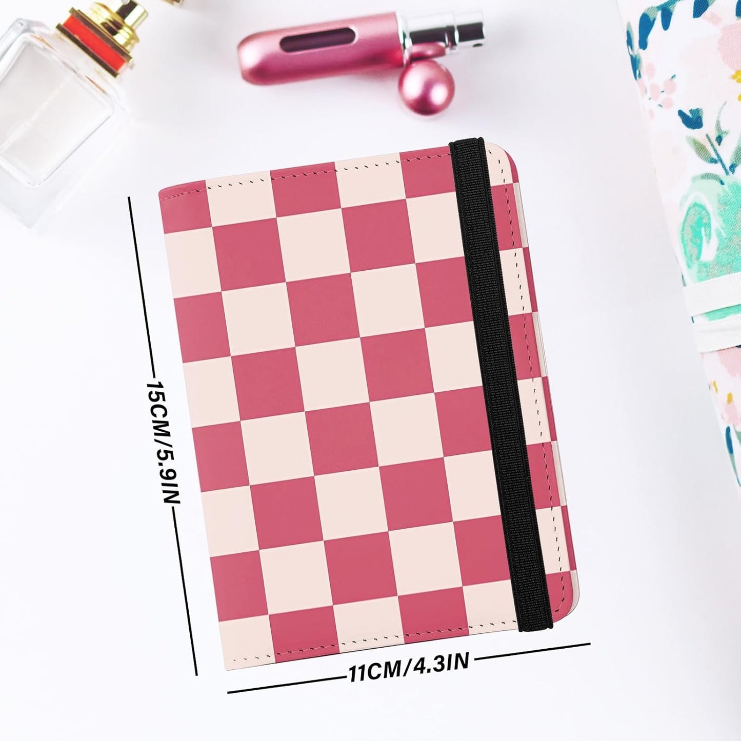 Cute Passport Holder and Holder Combo Passport Cover with Compatible Wallet Credit Card Protector RFID Blocking Women Men (Pink Grid)