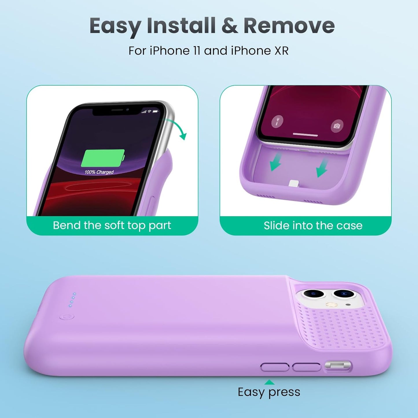 Battery Case for iPhone 11/XR (6.1inch),Upgraded 7500mAh Slim Portable Charger Case Cover,External Battery Pack Charging Case with Tempered-Glass Screen Protector for iPhone 11/iPhone XR -Purple