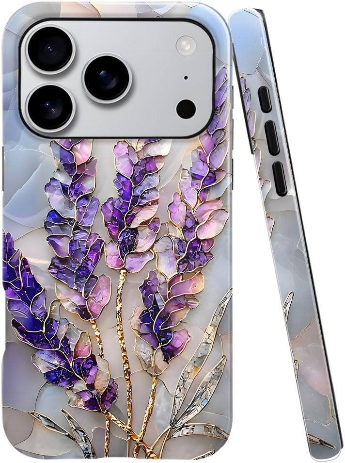 Case for iPhone 17 Pro - Slim Fit Anti-Scratch Phone Case for Girl Women - Lavender Stained Glass Purple Floral (Glossy)