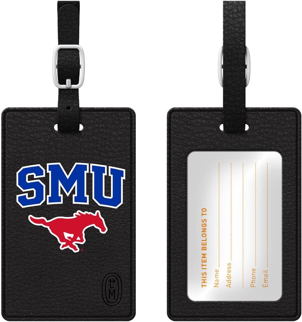 OTM Essentials Southern Methodist University Faux Leather Luggage Tag, Durable Travel Accessories with Adjustable Strap and ID Card, Classic