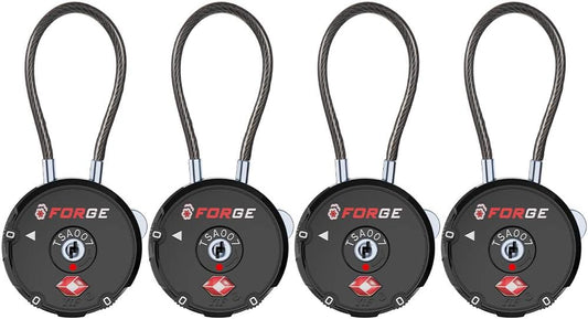 Forge Quality TSA Approved Luggage Locks for Travel Accessories, Suitcase, Pelican case, Ammo Boxes, Set Your own Combination, Zinc Alloy Body-Cable Black 4 Locks