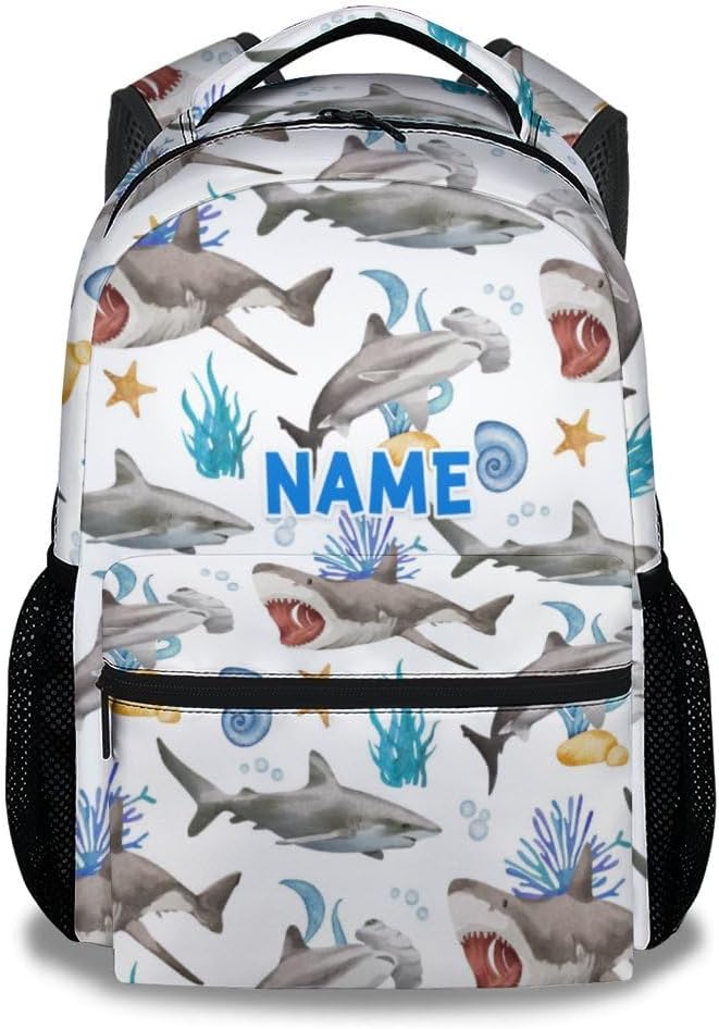 Custom Shark Backpacks for Boys, Large Capacity Backpack for School, Cute White Lightweight Bookbag