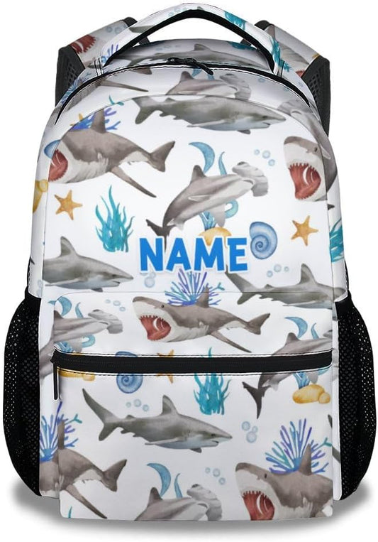 Custom Shark Backpacks for Boys, Large Capacity Backpack for School, Cute White Lightweight Bookbag for Kids