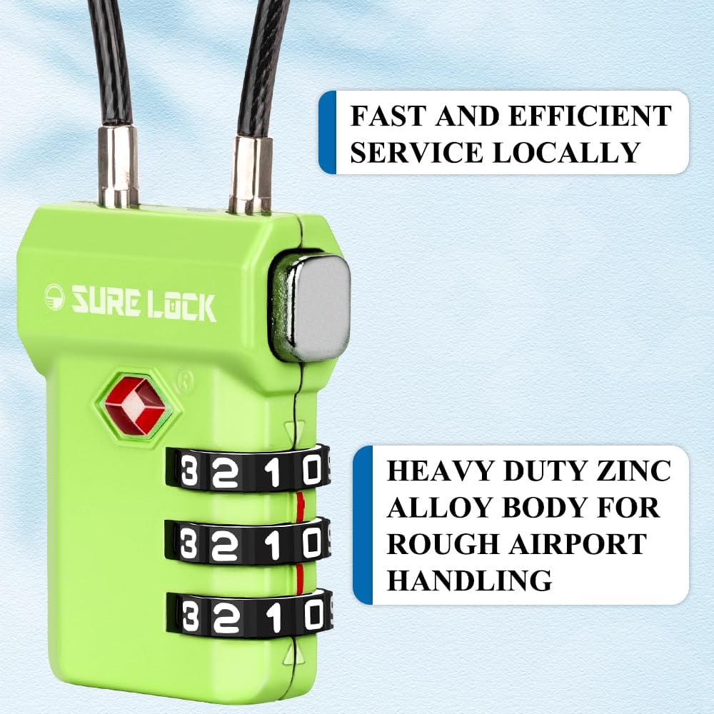 SURE LOCK TSA Approved 3-Digit Combination Luggage Locks – Open Alert Indicator, Re-settable Code with Zinc Alloy Body, Easy-Read Dials for Suitcase, Backpack, Gym Locker & Toolbox (Multiple Colors)