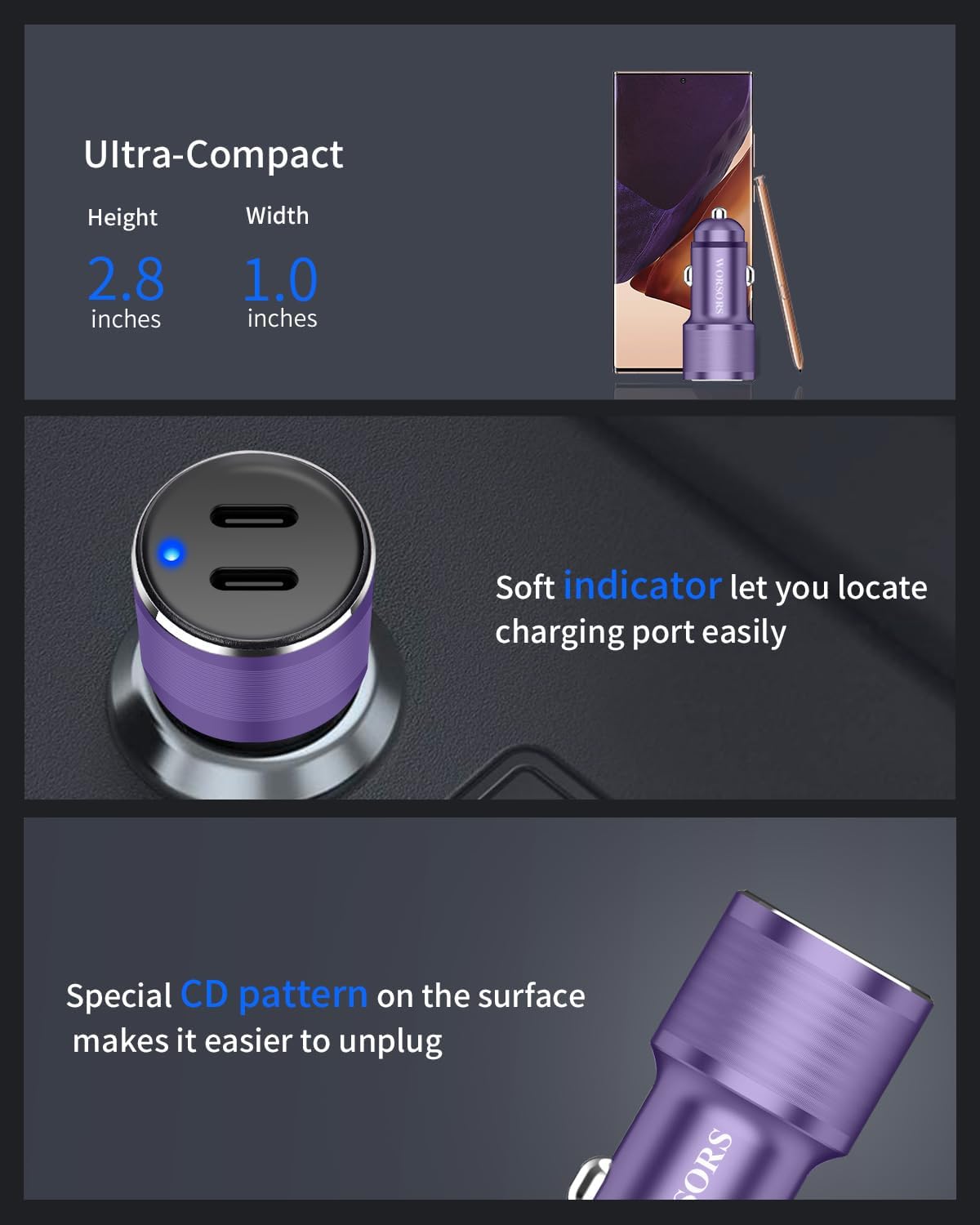 Dual 45W USB C Car Charger, 90W Max Super Fast Charging, All Metal 12V Cigarette Lighter Adapter for iPhone 17 Pro Max/16/15/iPad, Samsung Galaxy S25/S24, Google Phones with 2 Type C Cord 3.3ft Purple