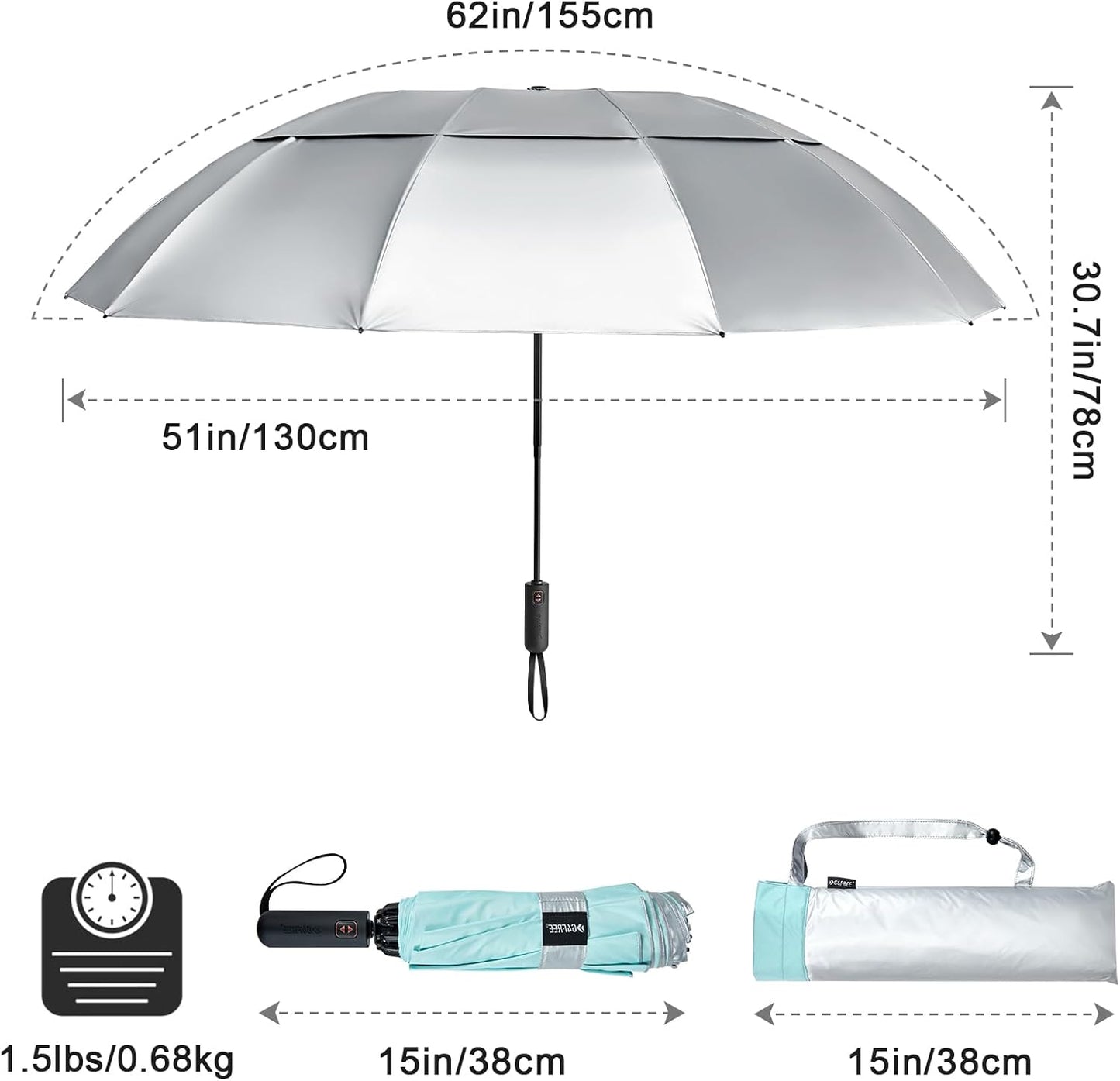 G4Free 42/46/54/62 Inch Large Golf Umbrella Compact Reverse Travel Umbrella 10 Ribs Windproof for Rain Double Canopy Automatic Open Close