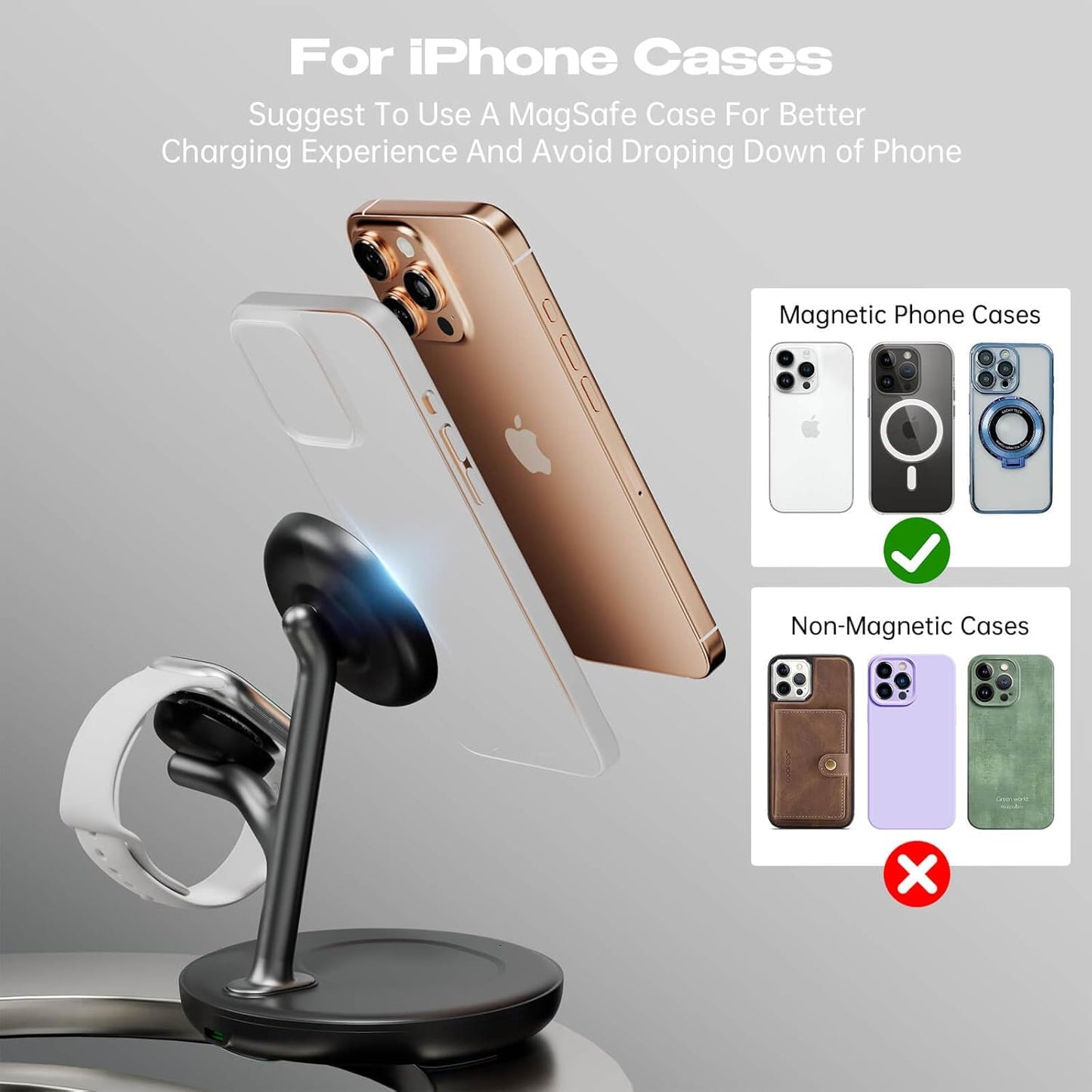 3 in 1 Wireless Charging Station for Multiple Devices Apple 17 Magsafe Charger Stand, Mag-Safe Wireless Charger Dock for iPhone Apple Watch Airpods Nignt Stand Charging Dock(Black)