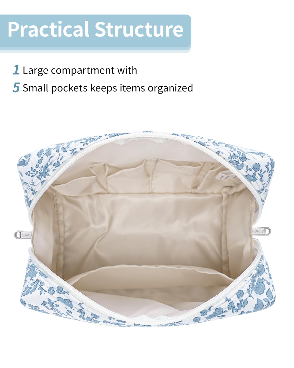 Narwey Cute Floral Makeup Bag Travel Cosmetic Bag Organizer Toiletry Bag Make Up Bags with Organized Pocket for Women Girls (Large, Little Blue Flower)