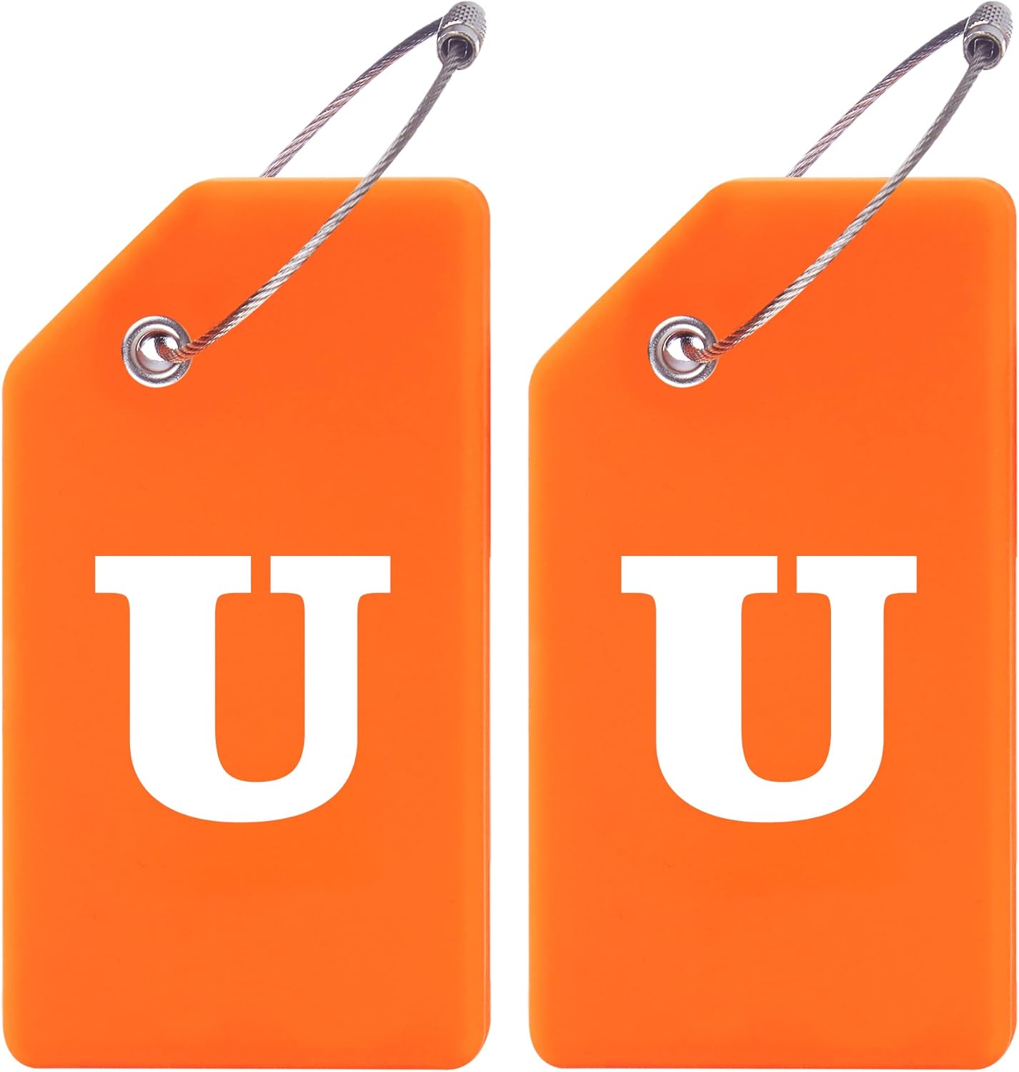 Gostwo 2 Pack Silicone Luggage Tags for Suitcases, 26 Initial Letter Baggage Labels Handbag School Bag Suitcase Instrument Tag with Stainless Steel Loop(Orange)(Letter U)