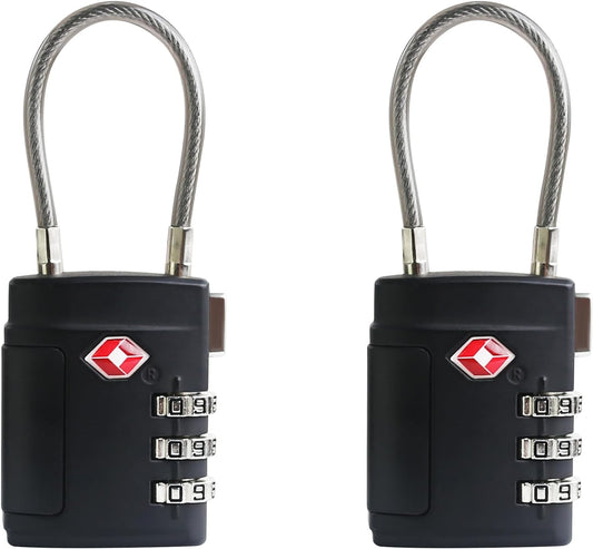 TSA Locks for Luggage, Small Padlock Combination, Luggage Locks TSA Approved, Combo Padlocks with Cable for Suitcase, Gym Locker, Backpack, Gun Case, Bag Zipper, Tool Box (Black+Black)